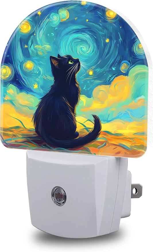 Night Lights Plug into Wall Black Cat Watching Starry Night Night Light Dusk to Dawn Smart Sensor Decorative Round Led Lamp for Bedroom Kitchen Hallway Nightlight for Women Men