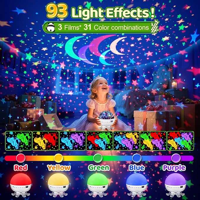 Star Projector for Kids Night Light Projector, 【3 Films+ 30 Sounds】 Lullaby Sound Machine Baby Sound Machine with Light, 【93 Effects+ Remote】 Best Toys for Kids Toys, [3 Brightness+ Timer]