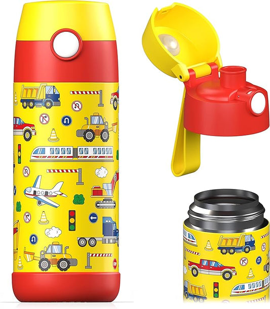 Jarlson® Mali Children's Water Bottle, Thermal Stainless Steel Water Bottle, BPA-Free, Leak-Proof, Children's Bottle with Chug Lid, Bottle for School, Nursery (Vehicles, 350 ml)