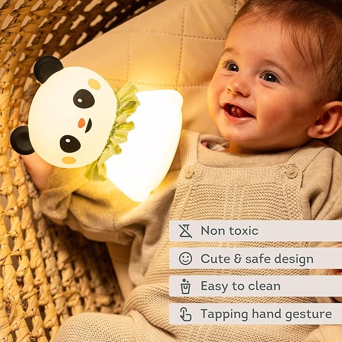 Taf Toys Silicone Kids Night Light Adjustable Brightness Levels & 30-Min Timer Tap Control 3-Level Dimmable Baby Night Lights for Nursery USB Rechargeable Nursing Lamp Bedroom Décor (Little Panda)