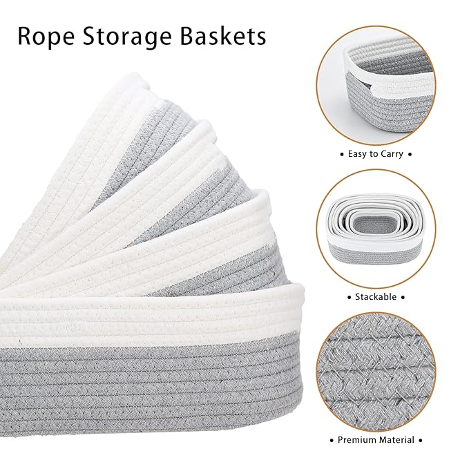 7 Piece Cotton Rope Woven Basket Set - Small Basket for Baby Nursery, Pets, Montessori, Dog & Cat Toy Boxes, Bathroom Organization Bins (White/Gray)