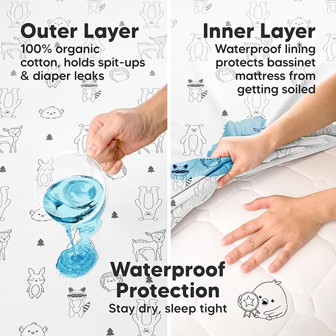2-pk Waterproof Bassinet Sheets Girls, Boys, Cotton - 33x17 Universal Bassinet Mattress Pad Protector Cover, Compatible with Graco,Baby Delight,Chicco,Halo Bassinest Swivel Sleeper Fitted (Woodland)