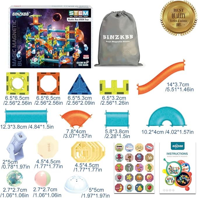 BINZKBB Light Magnetic Tiles Building Blocks for Kids,3D Clear Educational STEM Building Toys,Magnetic Marble Run Blocks Toys for Kids Ages 3 4 5 6 7 8 10+Year Old Boys Girls Creative Gift(110 PCS)