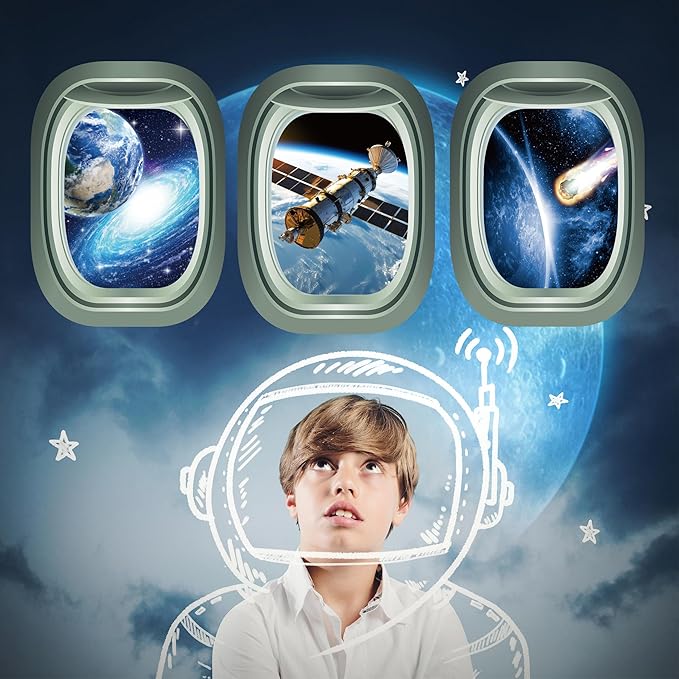 Glow in The Dark 3D Space Wall Decals, Set of 3 Galaxy Window Stickers for Wall, Space Themed Room Decor for Kids Boys (Green)