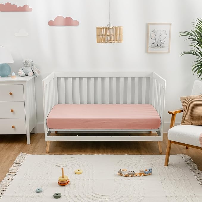 Comfy Cubs 100% Muslin Cotton Fitted Crib Sheet - Soft, Standard & Breathable Crib Sheets for Toddler Mattress - Snug Fit, Secure Elastic with Beautiful Packaging for Boys & Girls - Lace Pink