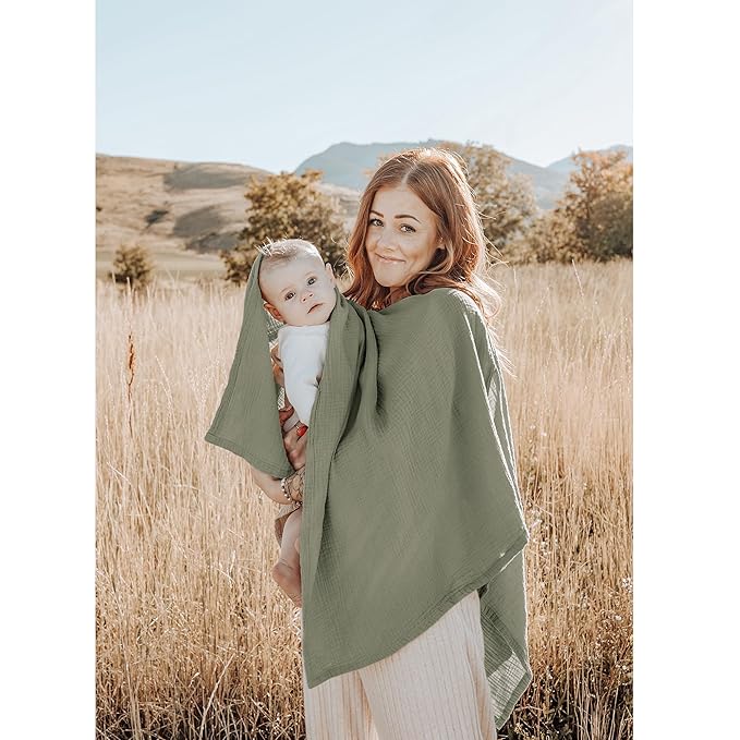 Konssy Muslin Nursing Cover for Breastfeeding, 360° Full Privacy Breathable 100% Cotton Breastfeeding Cover, Multi-use Carseat Canopy(Fog Green)