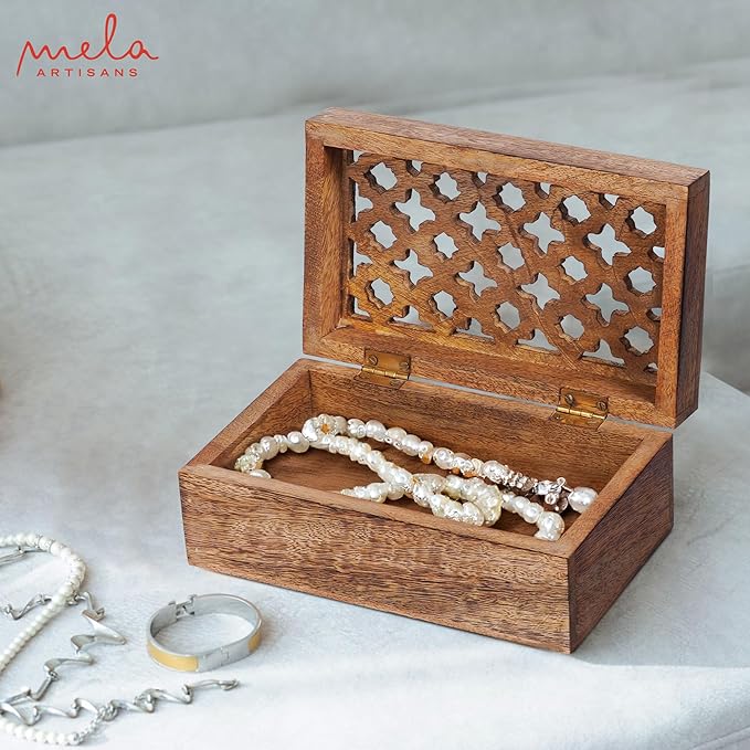 Mela Artisans Wooden Keepsake Box | Medium Burnt Mango Wood Memory & Photo Storage Box with Hinged Lid | Decorative Storage Box | Medium | 7.5x4.5x3 Inch