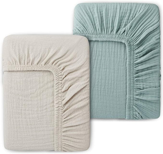 Muslin Mini Crib Sheets for Girls & Boys-2 Pack 24"x 38" Soft Baby Mattress Sheets Fitted-No Slip Neutral Toddler Cotton Bedding-Boho Nursery Décor Sage Green & Beige