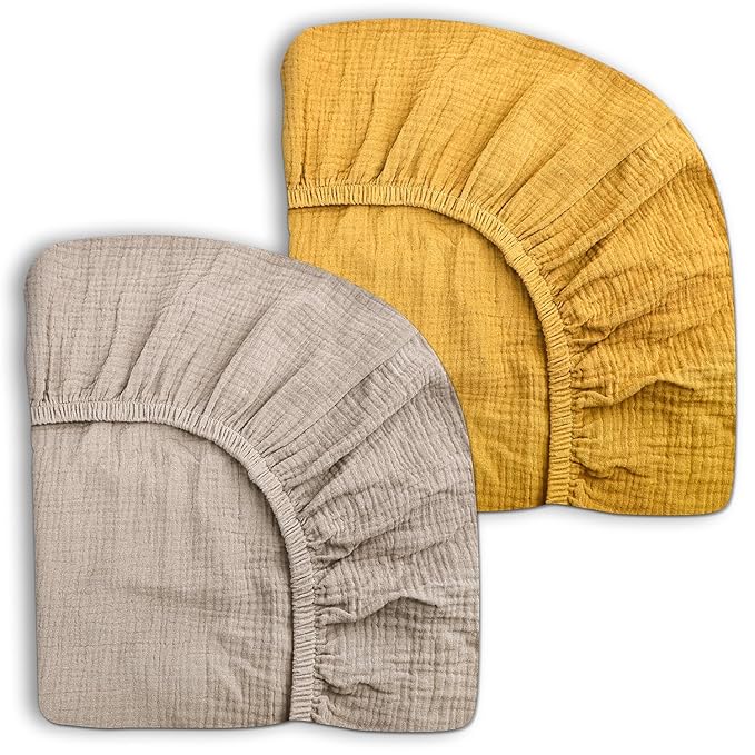 Pack and Play Sheets for Baby Boy and Girl 2 Pack, Neutral Muslin Cotton Pack N Play Mattresses Sheet 27"x39", Muslin Nursery Bedding Soft and Breathable Comfort (Beige & Mustard Yellow)