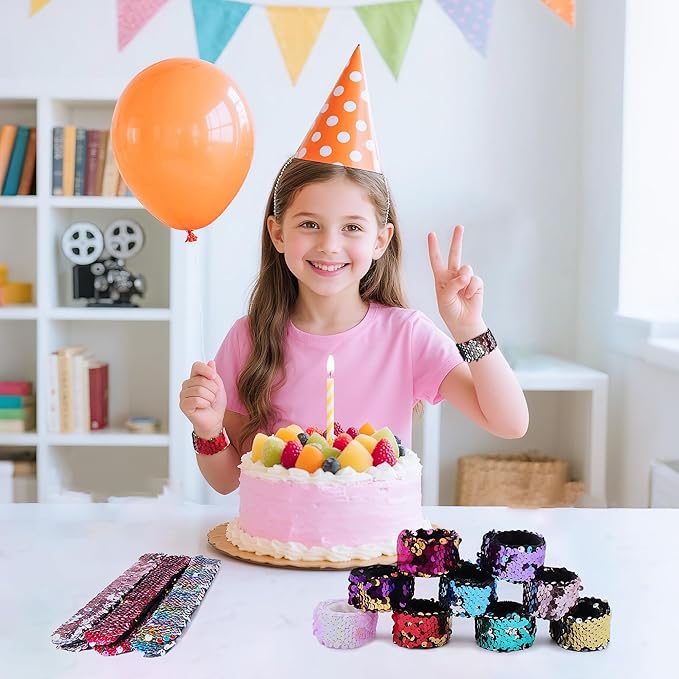 Childom 20 Pack Slap Bracelets 2-Color Reversible Charm Bracelets stage sequins horsetail buckle color ball head hair accessories hair accessories Magic Wristband