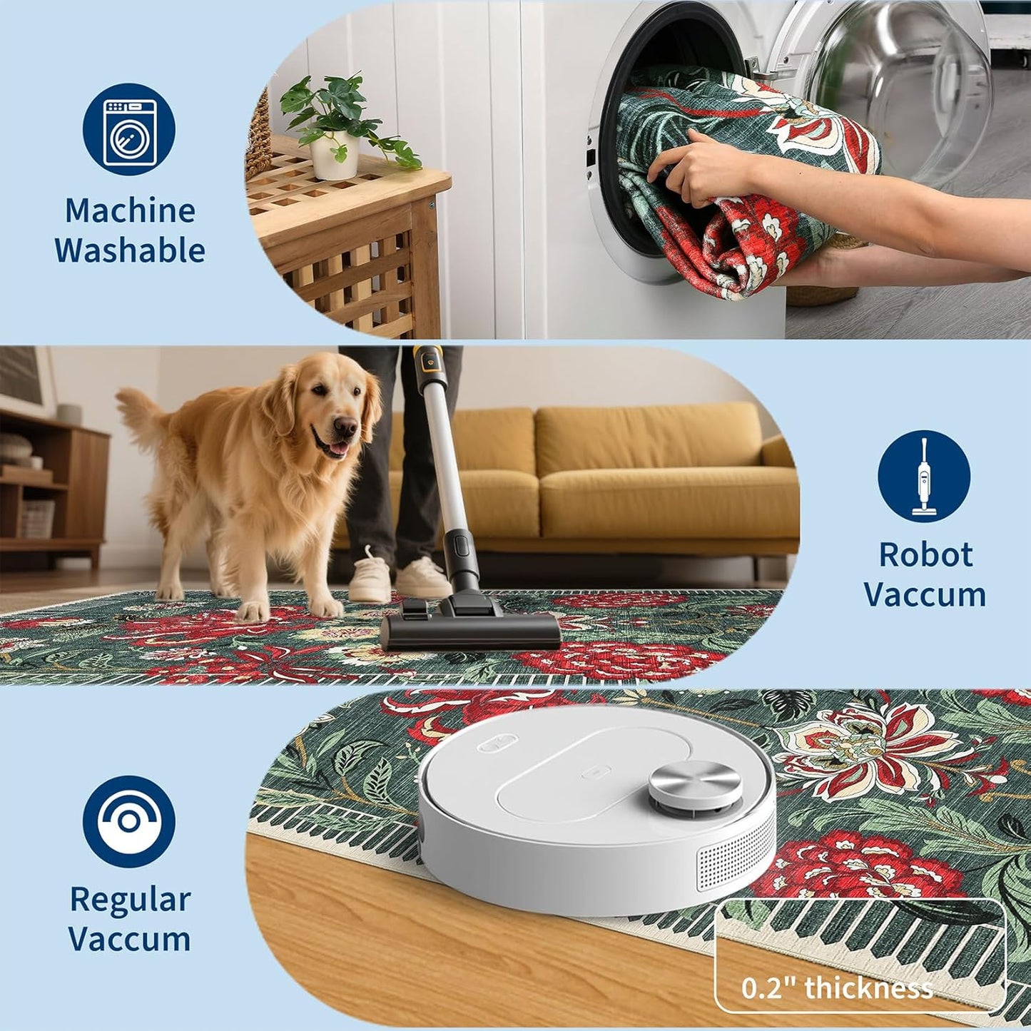 GarveeHome Floral Botanical 2x6 Washable Kitchen Runner Rugs Non Slip Grey Green Vintage Boho Cottage Long Rug for Hallways Bedroom Entryway Bathroom Mat with Rubber Back