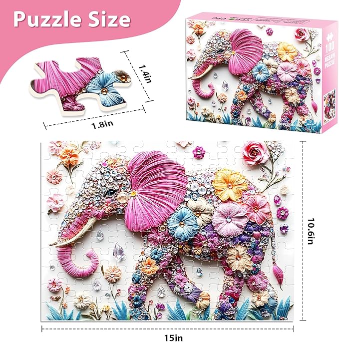 Jeaiciro 100 Piece Puzzles for Kids Ages 4-6 & 6-8, Cute Elephant Jigsaw Puzzle Fun Educational Toy for Kids Ages 8-10, Large Piece Puzzles for Adults, Funny Puzzle for Family Activity Gift Set
