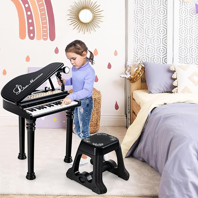 Costzon Kids Piano, 31 Key Mini Grand Piano Toy Keyboard with Microphone, Stool & Lights, Portable Electronic Piano Educational Musical Instrument Toy, Birthday Gift for Toddler Boys Girls (Black)