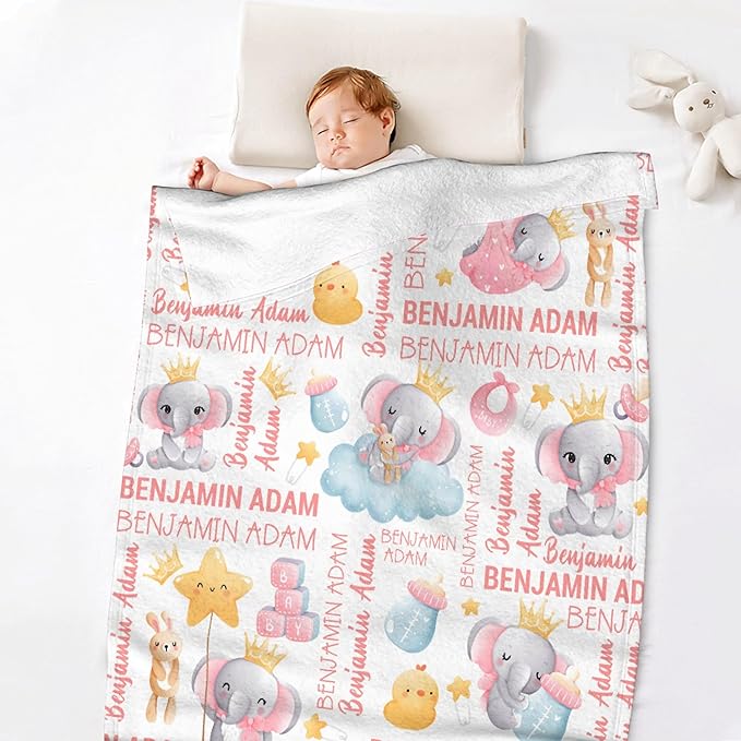 Personalized Baby Blanket for Girls Boys Kids Elephant Custom Baby Blanket with Name Throw Birthday Gift for Toddlers Infants Shower Newborns Nursery Stroller Crib Bed Decor