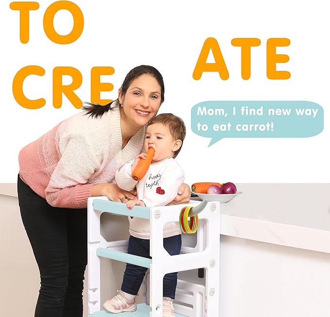 SDADI Adjustable Height Kids Kitchen Step Stool with Removable Safety Rails and Anti-Slip Protection- Toddler Standing Tower with with Ring Toss for Learning and Playing (Beige and Blue)