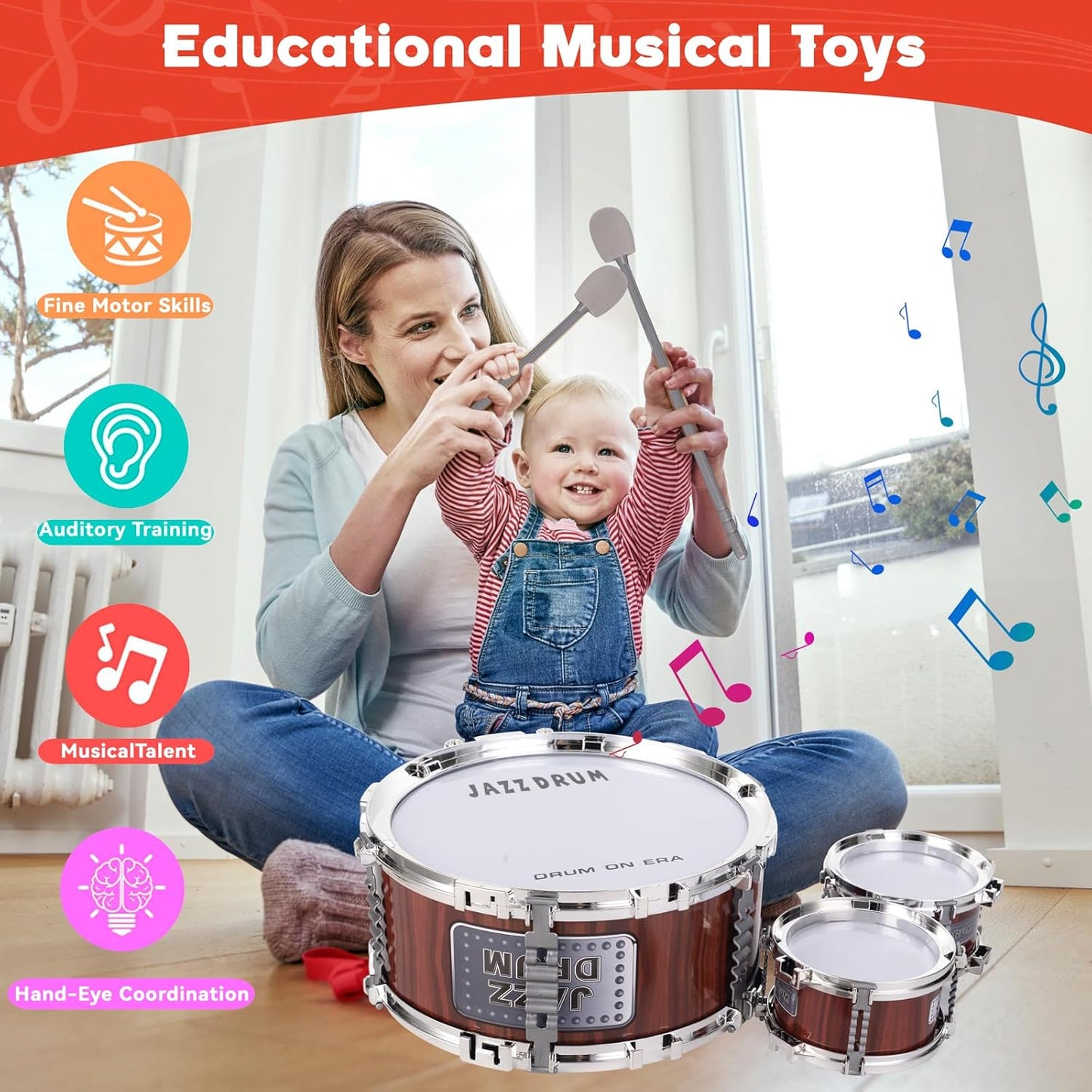 Kids Drum Set, Toddler Jazz Drum Kit Music Toys 5 Drums Percussion Musical Instruments Birthday Early Education Xmas Gift Toys for 3 4 5 6 Year Old Girls Boys