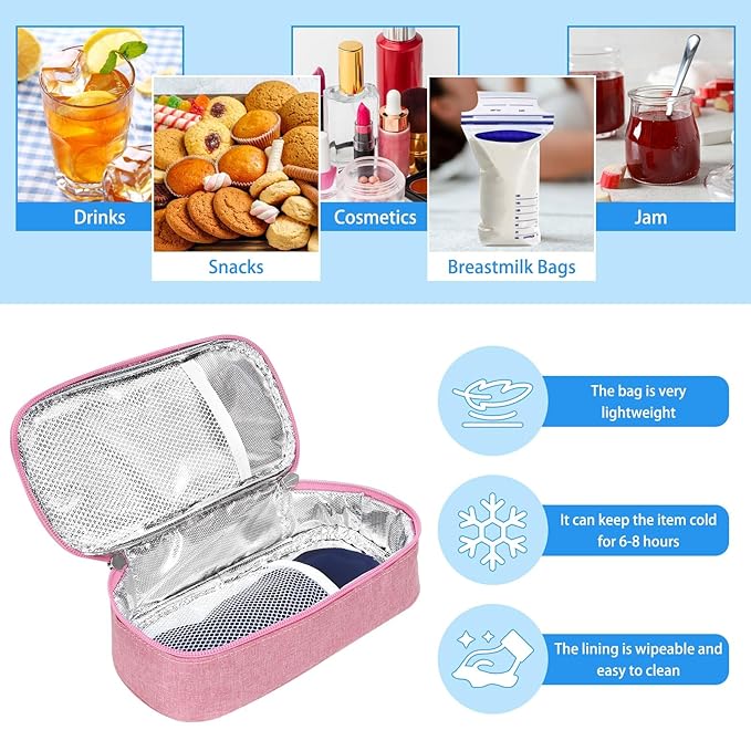 Breastmilk Cooler Bag with Ice Pack, Portable Insulated Breast Milk Storage Cooler Bag, Small Stylish Breastmilk Storage Bag Cooler with Wrist Strap (Pink)
