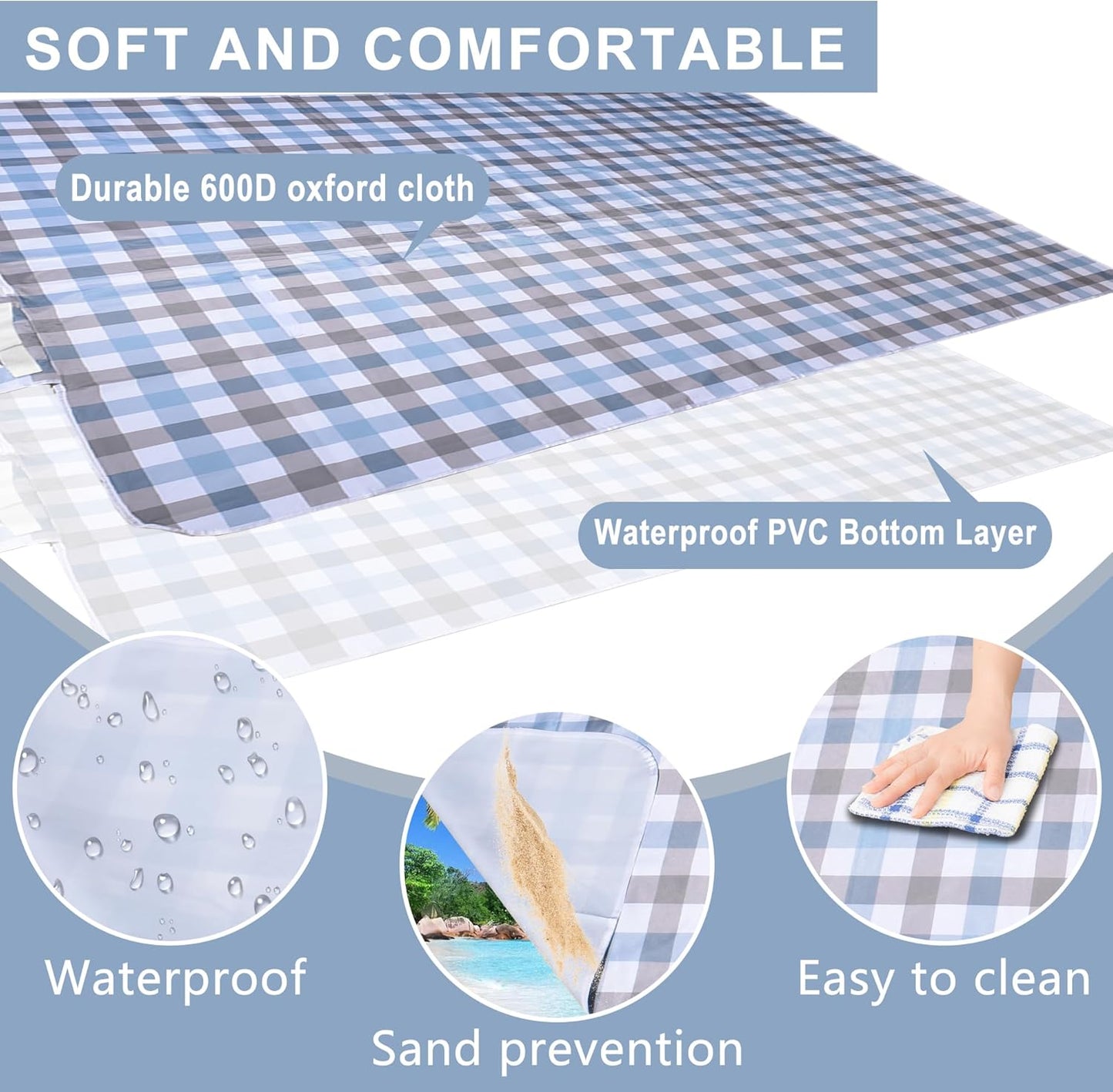 80"x60" Waterproof Sandproof Picnic Mat - Portable Foldable Outdoor Blanket for Beach, Park, Travel & Indoor Use - Lightweight Compact Design, Easy-Carry (Blue&Gray)