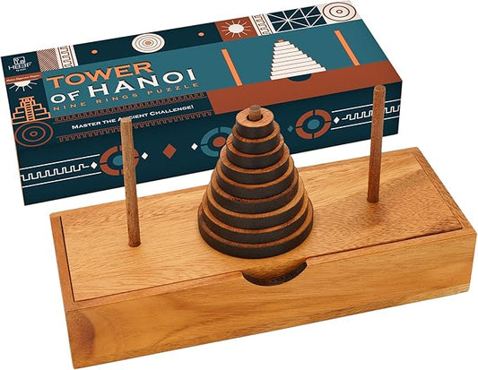 BSIRI Fun Puzzle Board Games Gifts of Hanoi Tower (9 Rings) with Wooden Designs for Brain Teasers Logic Games Kids and Adults to Challenges Mastermind Game and Think for Fun Learning Tower Puzzles