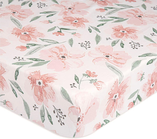 Crane Baby Floral Crib Sheets, 100% Cotton, Breathable Baby Bedding for Standard Mattress, Pink Nursery Decor, Machine Washable Pink Floral Crib, Toddler Sheets