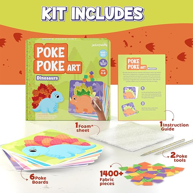 jackinthebox Poke Poke Art – Dinosaurs Theme, Mess-Free Fabric Art and Craft, Flower Pressing Kits, Gift for Kids, Toys for Girls and Boys Ages 4 5 6 7 8