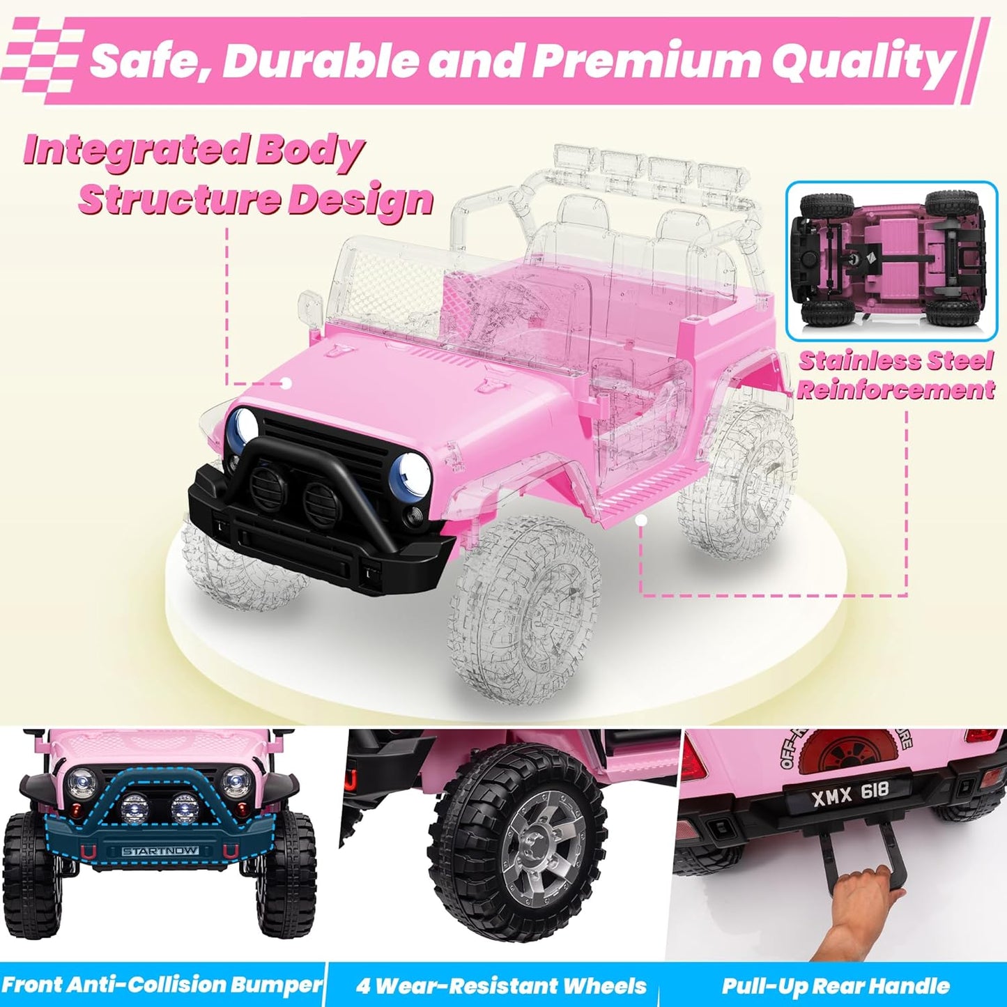 24V 4WD Ride on Truck Car w/800W Motors, Gift Flower, Remote Control, 2 Seaters, Light Bar, 3 Speeds, Pop Music, Power Four Wheels, 25 Volt Ride on Toy Car for Big Kids, Pink