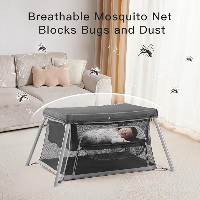 2 in 1 Portable Travel Crib for Toddler, Foldable Crib for Baby, Lightweight Playpen Collapsible Playard with Soft Mattress, Easy to Carry Baby Travel Bed for Outdoor, Indoor (Grey)