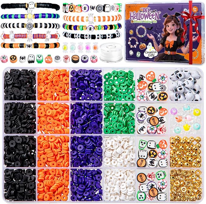 Taybonds Halloween Clay Beads Friendship Bracelet Making Kit for Kids, Jewelry Making Kit with Polymer Clay Charms and Skull for Bracelets, Gifts for Age6+
