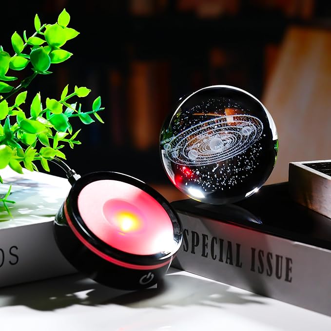 3D Solar System Model Crystal Ball Led Lamp Base - Space Decor World Globe Planets Sphere Night Light 80mm 3.15 Inch - Solar System Decor Birthday Astronomy Gifts for Men Physics Science Teacher