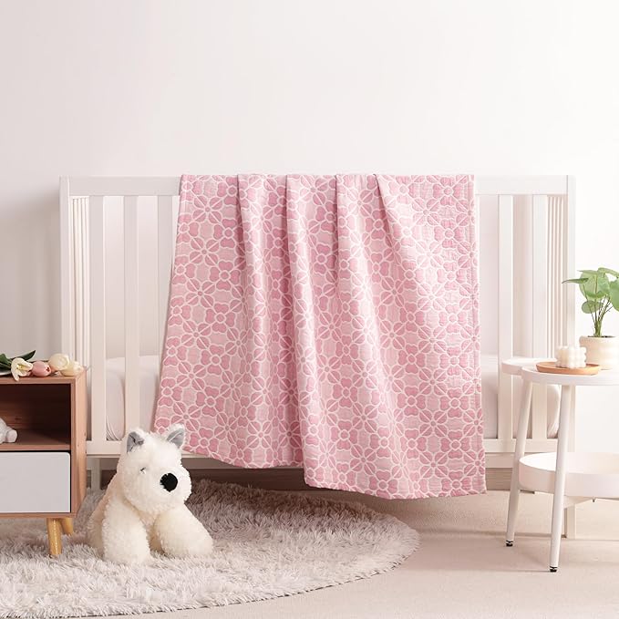 NTBAY 3 Layer Toddler Blanket, Muslin Cotton Jacquard Bed Blankets, Lightweight Thermal Baby Blanket, Super Soft and Warm Crib Blanket for All Seasons, Decoration Gift, 30"x40", Pink Clover