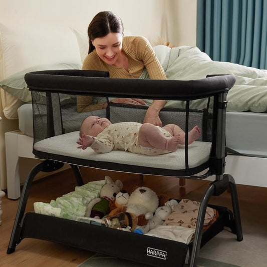 HARPPA Cuddly Bassinet, 2 in 1 Baby Bassinet with Breathable Mesh and Mattress, 6 Height Adjustable, Bedside Sleeper with Anchor Strap, Storage Basket and Wheels