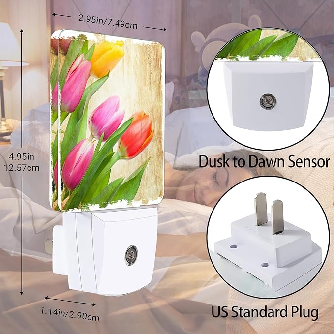 Vintage Tulips Night Light Plug in Wall Lamp Smart Dusk to Dawn Sensor for Home Decorative, Kids Room Bedroom Bathroom Kitchen Hallway Gifts