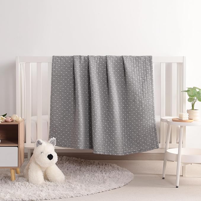NTBAY 3 Layer Toddler Blanket, Muslin Cotton Jacquard Bed Blankets, Lightweight Thermal Baby Blanket, Super Soft and Warm Crib Blanket for All Seasons, Decoration Gift, 45"x60", Grey Dot