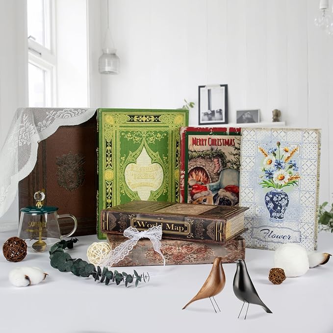 Decorative Book Box Fake Leather Embossed Cover Vintage Style Brown Storage Box - Large 1-06, Decoration for Coffee Table, Bookshelves, Jewelry, Postcard, Photo Storage, Graduation Gift