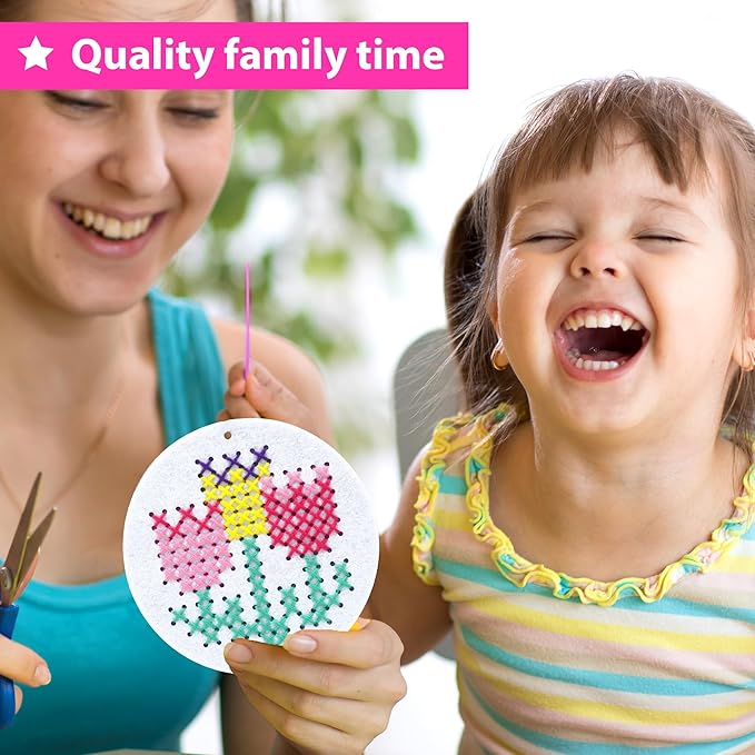 KRAFUN Cross Stitch Kits for Kids Beginners, 4 Cross Stitching Keyrings Arts & Crafts with Butterfly and Flower, Needlepoint Embroidery Kit for Girls 5-13 Craft Kit Backpack Charms, Ornaments