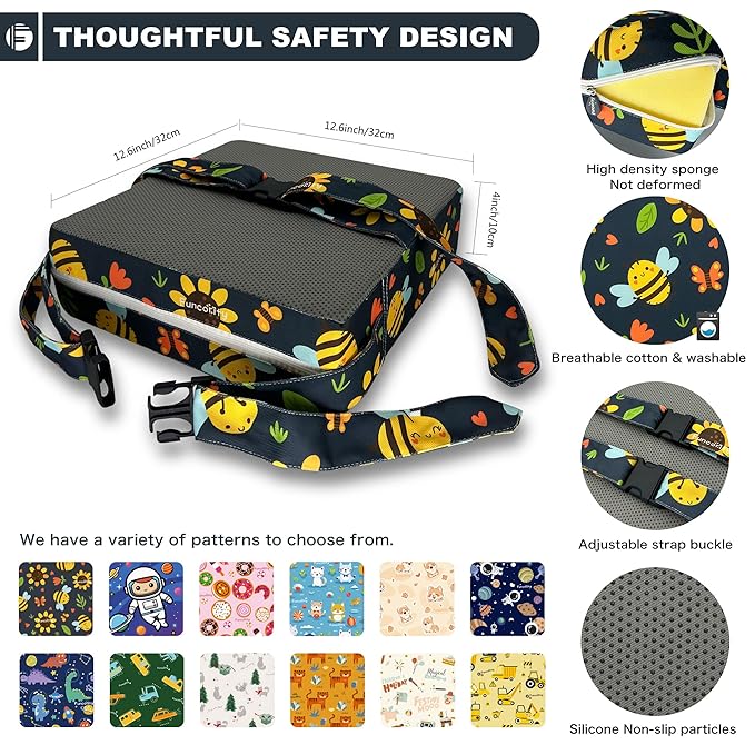 Toddler Booster Seat for Dining Table, Portable Booster Seat for Kitchen Chair, 4 Inch High-Density Foam Cushion with Adjustable Safety Straps and Non-Slip Bottom, Perfect for Kids Travel and Daily