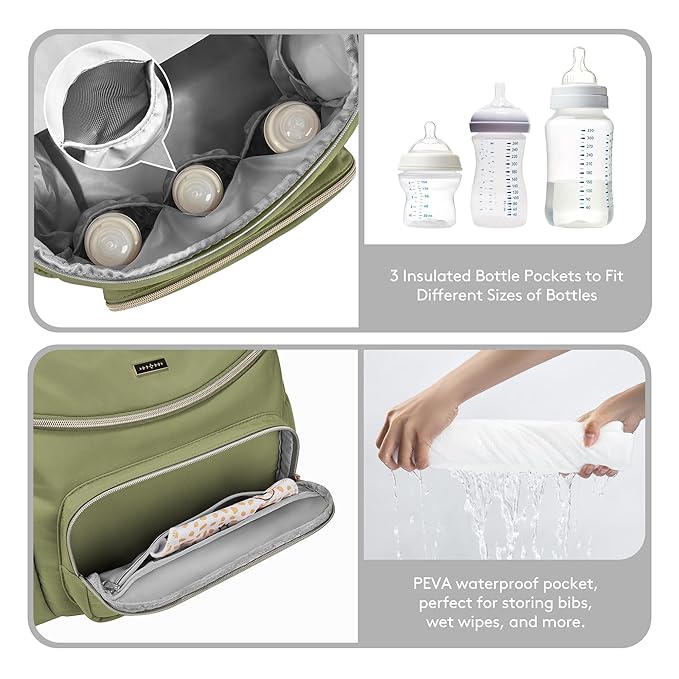 Small Diaper Bag Backpack, Lightweight Baby Bag for Moms and Dads, Compact Travel Diaper Backpack with Stroller Straps & Changing Pad, Waterproof & Stylish Baby Bag for Everyday Essentials - GREEN