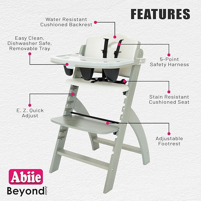 Abiie Beyond Junior Wooden High Chair with Tray - Adjustable and Convertible High Chair for Babies and Toddlers - 6 Months to 250 Lb - Water Resistant - Misty Grey Wood/Dove Grey Cushion