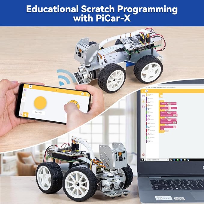 SunFounder Picar-X AI Video Robot Car Kit for Raspberry Pi 5/4/3B+/Zero 2w, LLMs ChatGPT-4o/Gemini/Grok, Voice&Video Recognition, Python, Scratch, Camera, Batterry (RPI NOT Included)