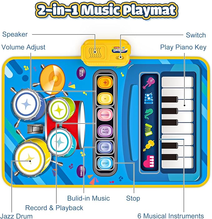 Baby Toys for 1 Year Old Boy Girl, 2 in 1 Musical Piano & Drum Mat for Toddlers 1-3, Early Education Baby Piano Mat Learning Floor Toy 12-18 Months, Christmas Birthday Gift for 1 2 3 Year Old Girl Boy