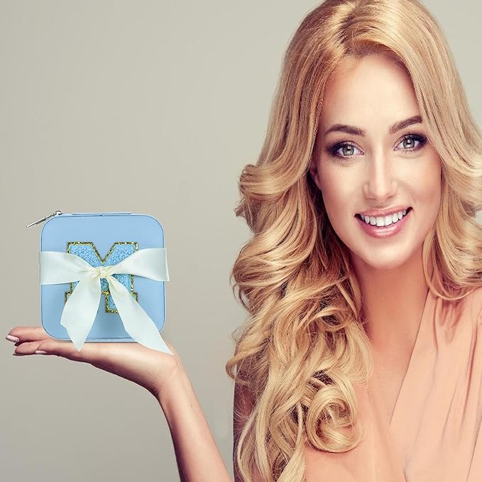 Parima Travel Essentials for Women Jewelry Box, Travel Accessories for Teen Girls Trendy Stuff | Necklace Organizer Earrings Organizer Ring Organizer - Letter A, Sky Blue