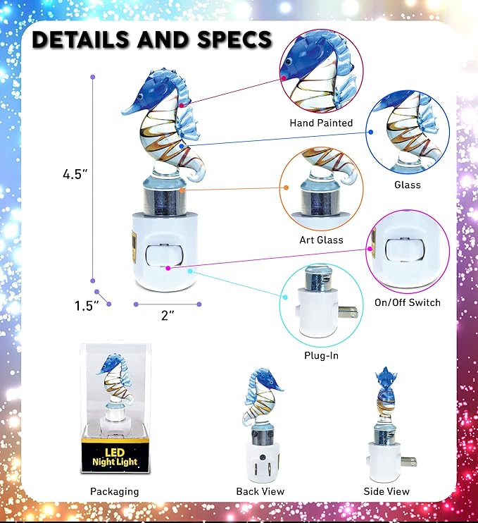 COTA Global Seahorse Night Light - Home Décor Wall Plug in Night Light with Switch, Unique Decorative Hand Made LED Glass Art Nightlight for Bathroom, Nursery - 4.5 Inches