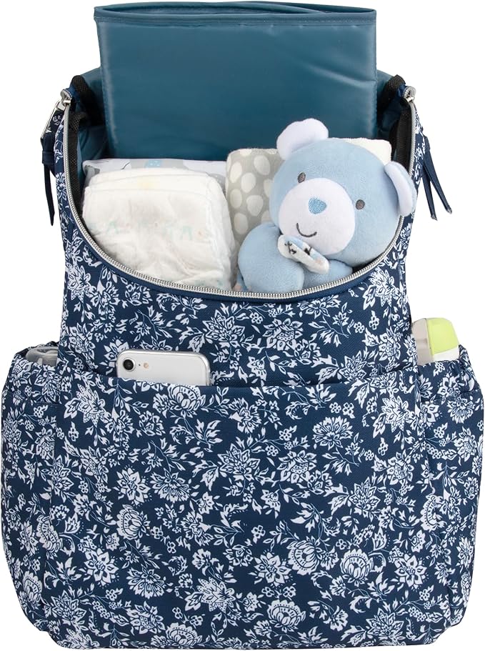 Multi-Function Floral Diaper Backpack and Travel Nappy Baby Bag with Changing Pad and Stroller Straps