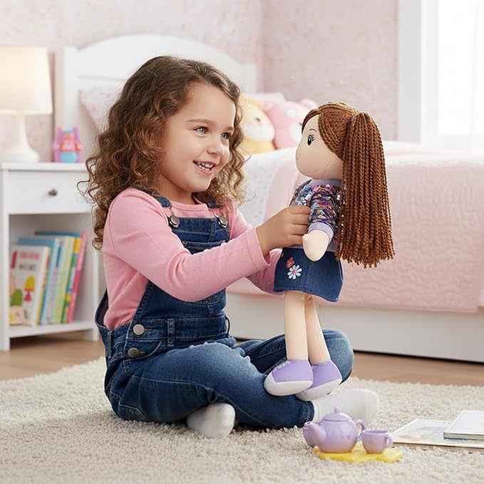 June Garden 14" Snuggle Cutie Sophie Glam - Soft Cuddly Plush Doll Gift for Girls - Huggable Rag Doll - Trendy Outfit M