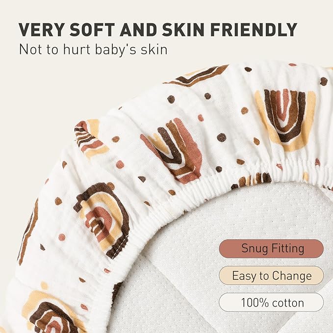 Muslin Bassinet Fitted Sheets, 2 Pack for Baby Boy and Girl, Soft Breathable Stretchy Baby Pad/Mattress Sheet Set, Universal Fit for Hourglass Oval and Rectangle Bassinet Mattress (Cute Rainbow)