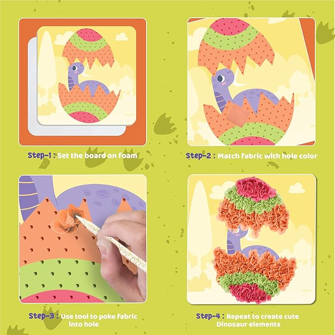 jackinthebox Poke Poke Art – Dinosaurs Theme, Mess-Free Fabric Art and Craft, Flower Pressing Kits, Gift for Kids, Toys for Girls and Boys Ages 4 5 6 7 8