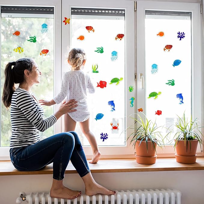 Tevxj Sea Animals 40pcs Thick Gel Clings, Multicolor Vinyl Decals for Kids, Reusable Window Stickers, Ocean Themed Party Supplies for Home, Car, Classroom, Nursery Decorations