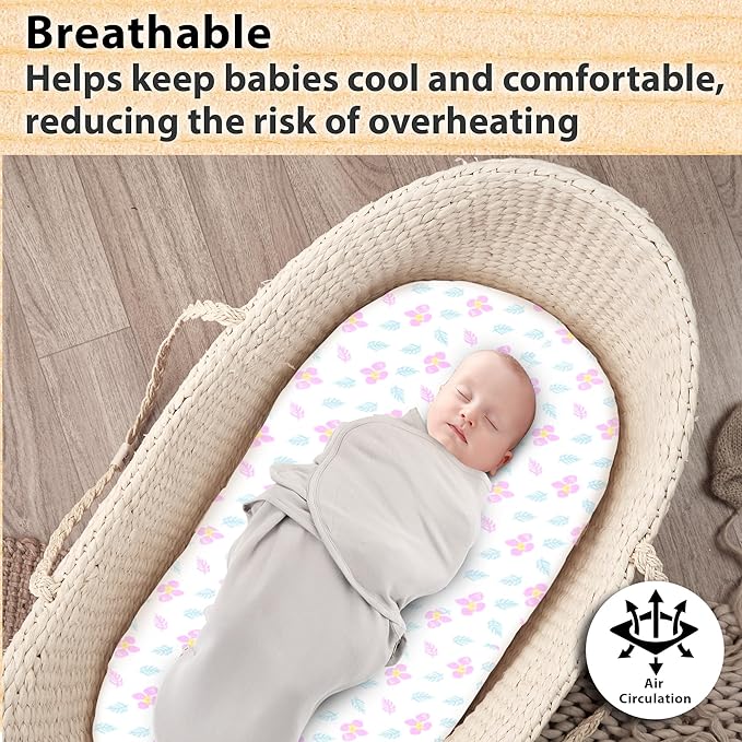 3-Pack Organic Jersey Cotton Bassinet Fitted Sheets – Fits 32 x 16 x 4 Inch Pads – Compatible with Halo, Snoo, Graco, Dream On Me, Delta – for Oval, Hourglass, and Rectangular Bassinet Mattresses