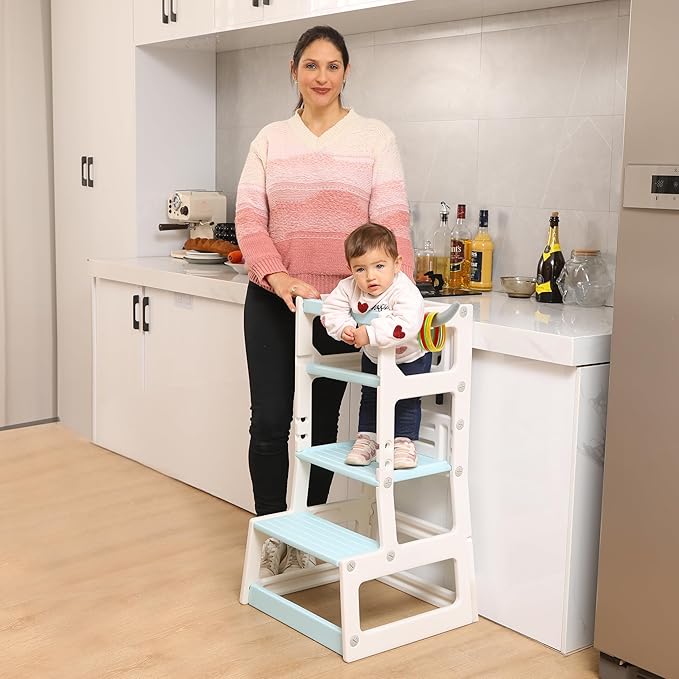 SDADI Adjustable Height Kids Kitchen Step Stool with Removable Safety Rails and Anti-Slip Protection- Toddler Standing Tower with with Ring Toss for Learning and Playing (Beige and Blue)