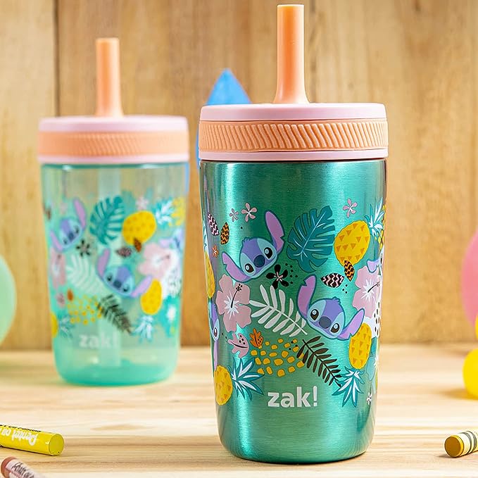 Zak Designs Disney Lilo and Stitch Kelso Tumbler Set, Leak-Proof Screw-On Lid with Straw, Bundle for Kids Includes Plastic and Stainless Steel Cups with Bonus Sipper (3pc Set, Non-BPA, Stitch)